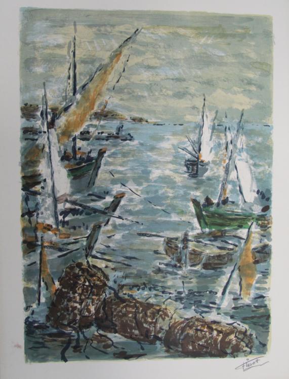 TISOT Felix - Original print - Lithograph - Sailboats in port