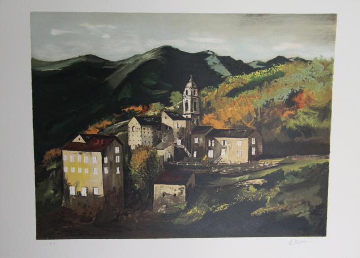 Eric PEYROL - Original print - Lithography - Mountain village