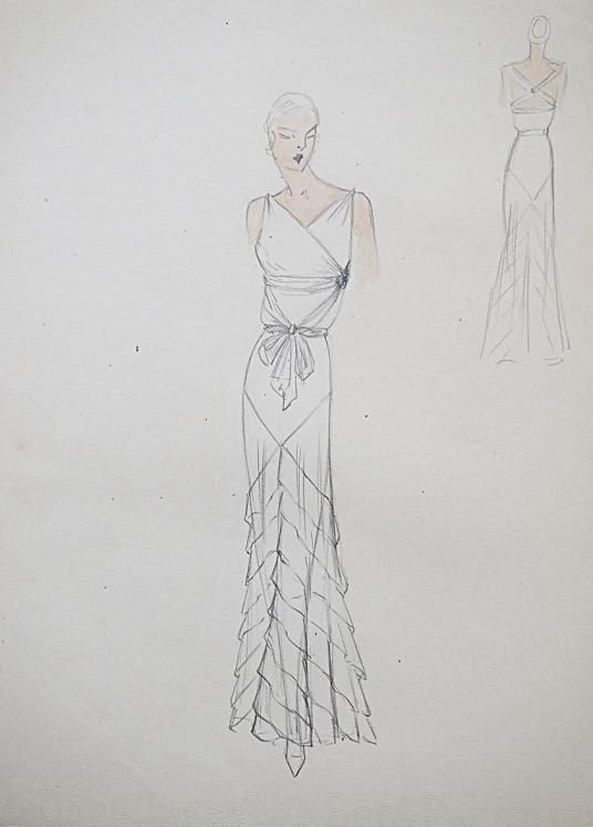 VIONNET Workshop - Original drawing - Pencil - Belted dress with bow 118