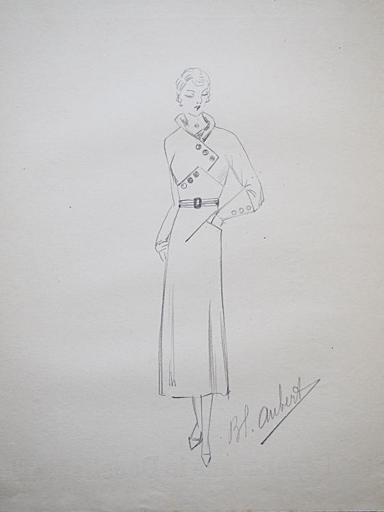 VIONNET Workshop - Original drawing - Pencil - Long belted coat 126
