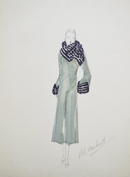 VIONNET Workshop - Original drawing - Pencil - Coat with gray and black printed sleeves and scarf 153