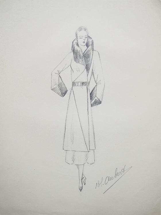 VIONNET Workshop - Original drawing - Pencil - Belted coat with fur 163