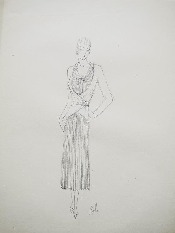 VIONNET Workshop - Original drawing - Pencil - Pleated dress 181