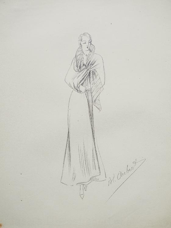 VIONNET Workshop - Original drawing - Pencil - Long shawl tied at the chest 204