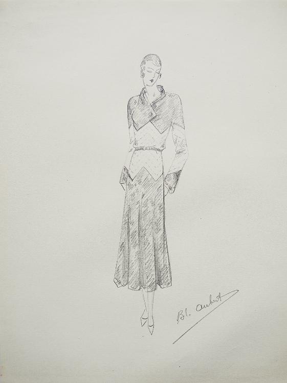 VIONNET Workshop - Original drawing - Pencil - Long belted coat 205