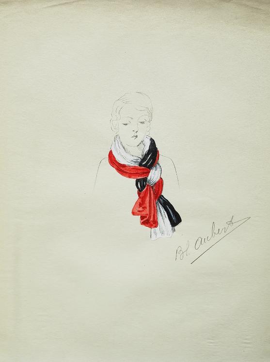 VIONNET Workshop - Original drawing - Pencil - Black, white and red scarf 240