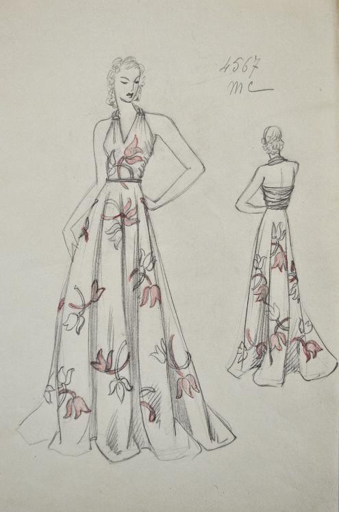 VIONNET Workshop - Original drawing - Pencil - Gray and pink floral dress 250