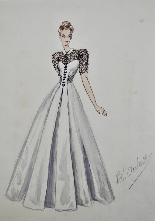 VIONNET Workshop - Original drawing - Pencil - White dress with black lace 258