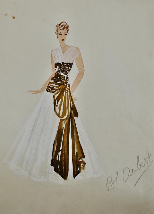 VIONNET Workshop - Original drawing - Pencil - White and brown dress with bow 261