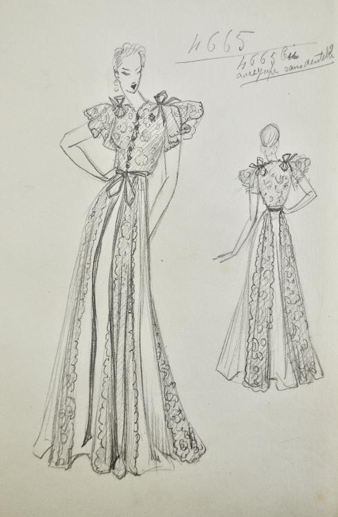 VIONNET Workshop - Original drawing - Pencil - Floral dress with bows 264