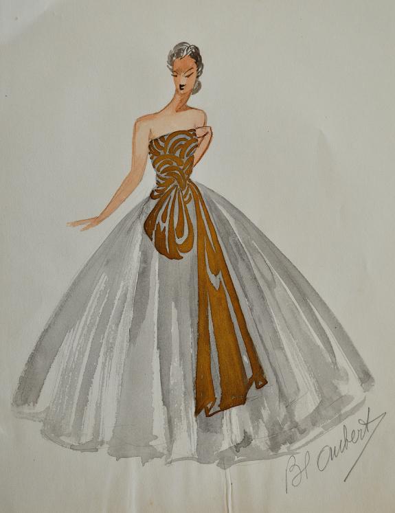 VIONNET Workshop - Original drawing - Pencil - Dress with bow, grey and gold 270