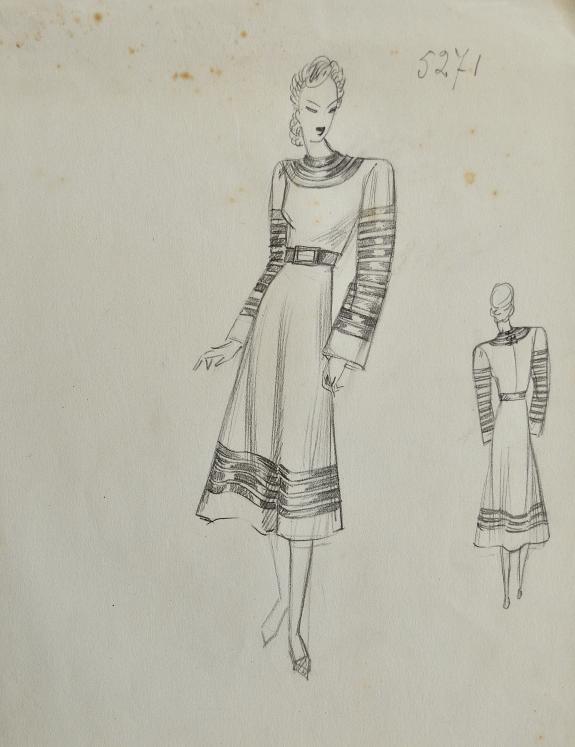 VIONNET Workshop - Original drawing - Pencil - Belted dress 316