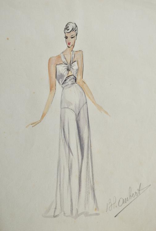 Workshop VIONNET - Original drawing - Pencil - Dress tied at the neck white 317