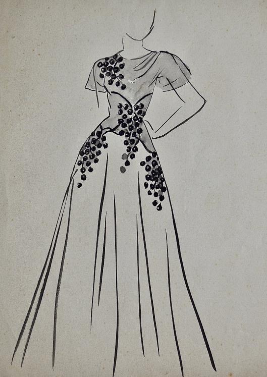 VIONNET Workshop - Original drawing - Felt - Gray and black patterned dress 379