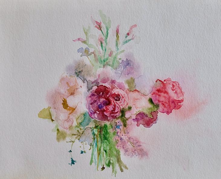 Janine JANET - Original painting - Watercolor - Bouquet of pink flowers