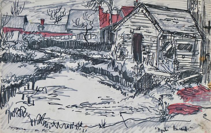 Claude VIETHO - Original drawing - Felts - Ancourt, Normandy village under the snow 2