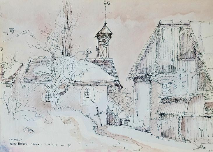 Claude VIETHO - Original drawing - Ink - Chapel Mont Venix in Savoie