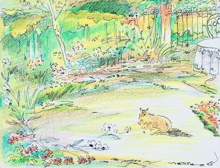 Claude VIETHO - Original drawing - Ink - Cat in the garden