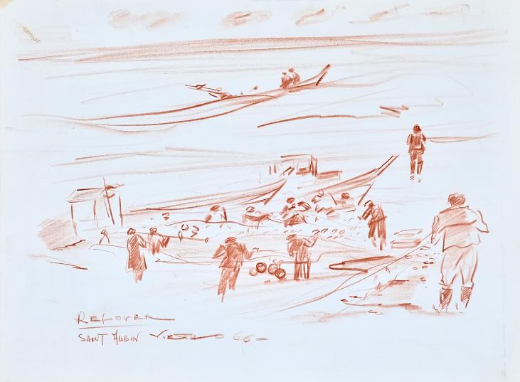 Claude VIETHO - Original drawing - Sanguine - Fishing in St Aubin sur mer 1