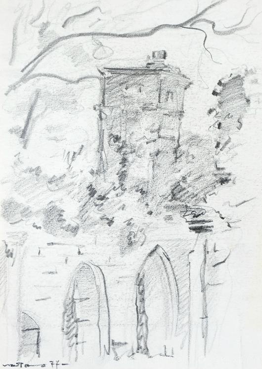 Claude VIETHO - Original drawing - Pencils - The tower in St Emilion 3