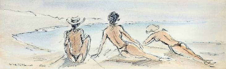 Claude VIETHO - Original drawing - Ink - Sunbathing by the water