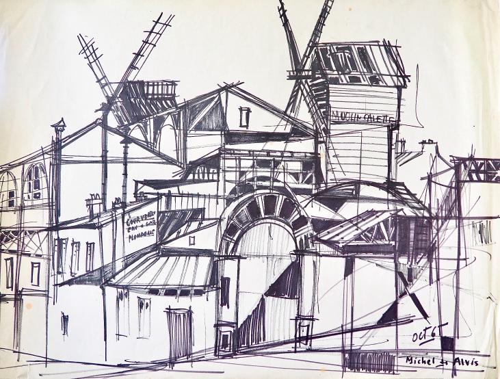 Michel DE ALVIS - Original drawing - Felts - The Moulin de la Galette