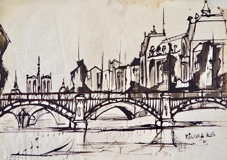 Michel DE ALVIS - Original Painting - Lavis - Saint-Michel bridge
