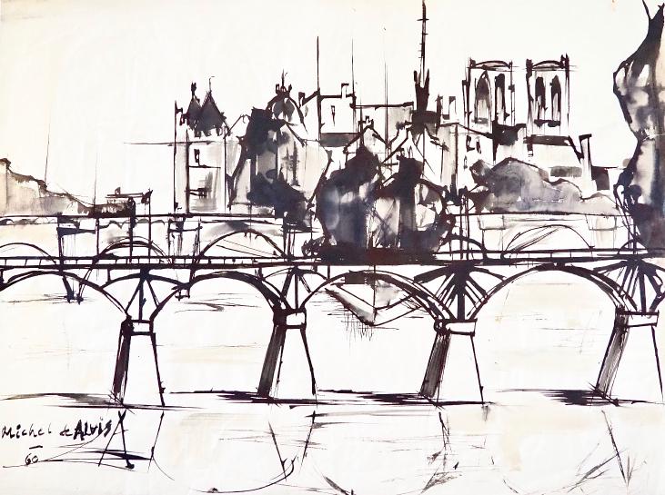 Michel DE ALVIS - Original Painting - Lavis - Saint-Michel Bridge 2