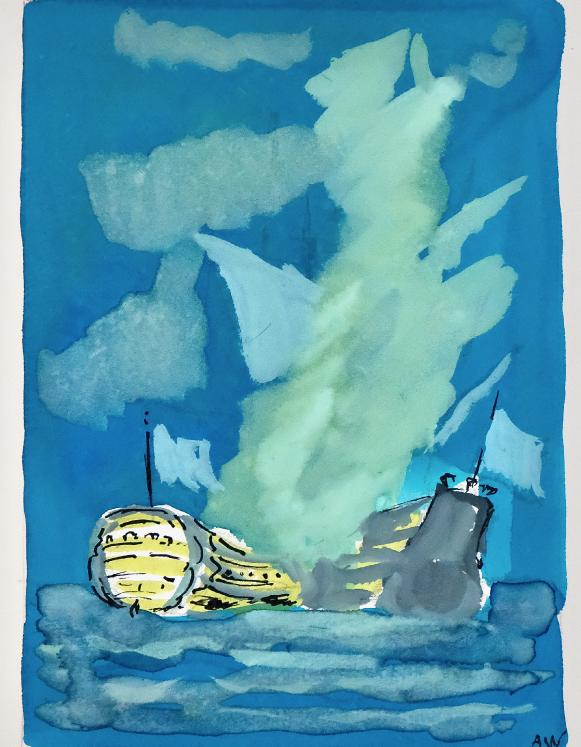 Armel DE WISMES - Original Painting - Gouache - Galleons at sea
