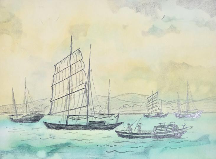Armel DE WISMES - Original Drawing - Pencil - Sailboats near the coasts
