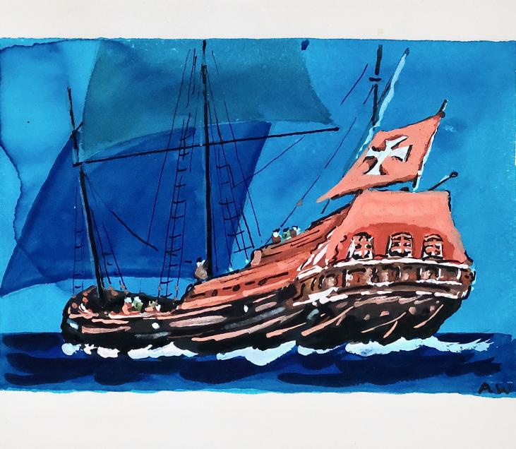 Armel DE WISMES - Original Painting - Gouache - Galleon at sea 5