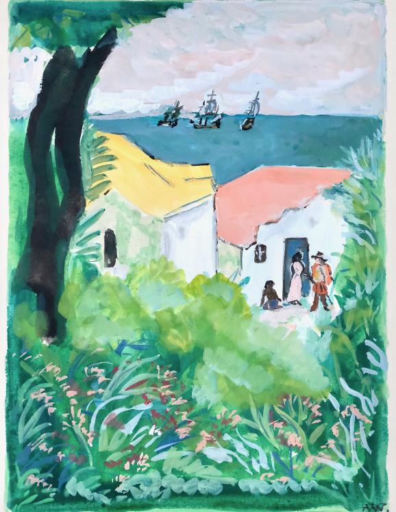 Armel DE WISMES - Original Painting - Watercolor - Galleons near the coast
