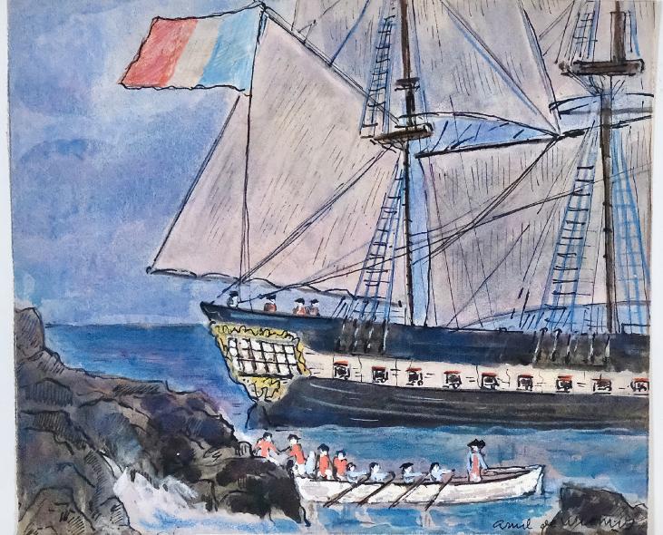 Armel DE WISMES - Original Painting - Watercolor - Flying galleon, French flags