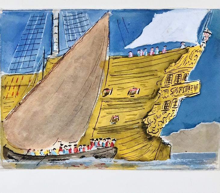 Armel DE WISMES - Original Painting - Watercolor - The arrival of the galleon