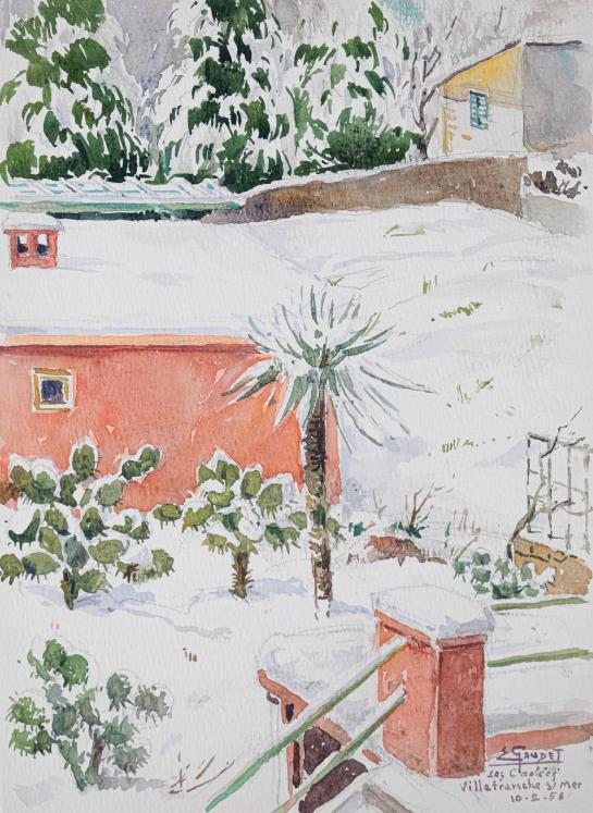 Etienne GAUDET - Original painting - Watercolor - Villefranche sur Mer Under The Snow