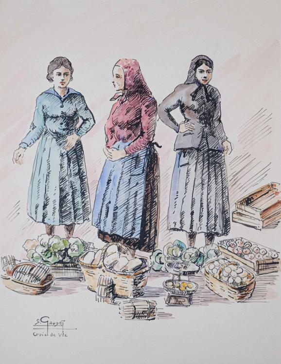 Etienne GAUDET - Original painting - Watercolor and Ink - Market of Croix de Vie
