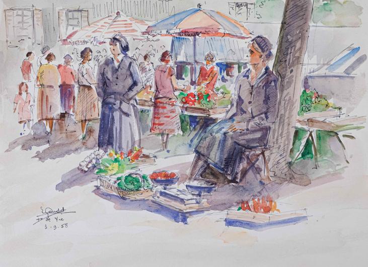 Etienne GAUDET - Original painting - Watercolor - Market of St Croix de vie
