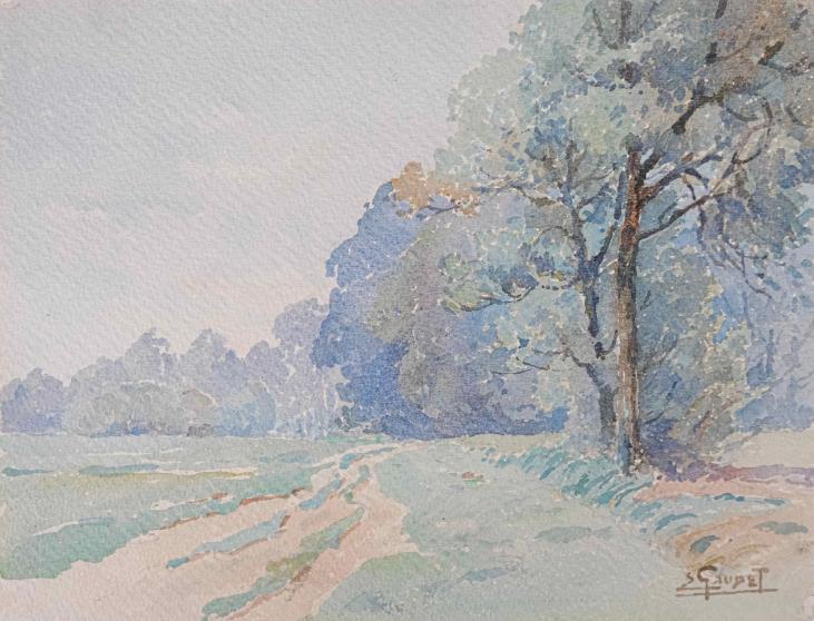 Etienne GAUDET - Original painting - Watercolor - Countryside at Ponts-Chartains