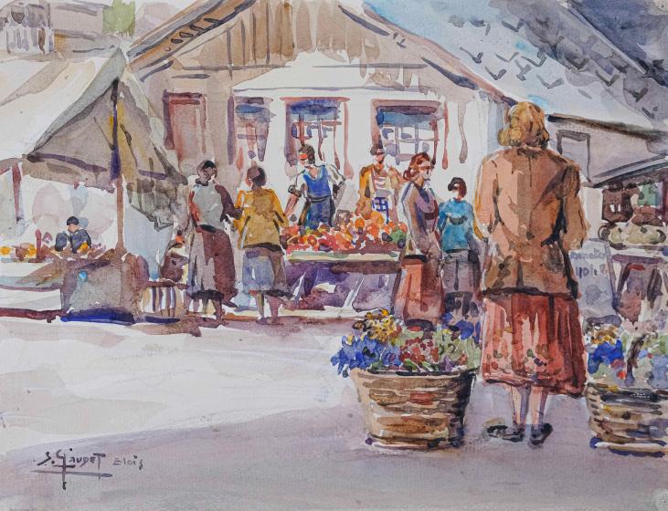 Etienne GAUDET - Original painting - Watercolor - Market in Blois