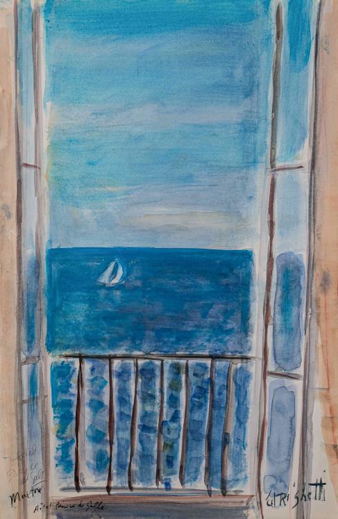 Edouard RIGHETTI  - Original painting - Watercolor - Menton, Sea View from the Prince de Galles Hotel