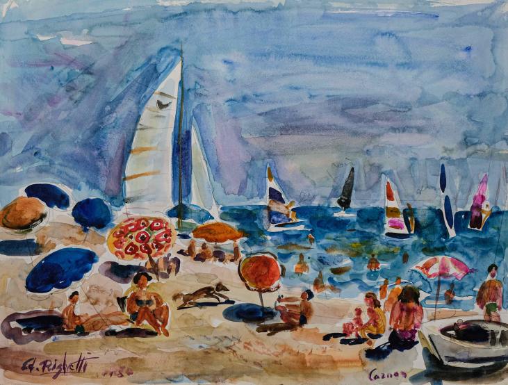 Edouard RIGHETTI  - Original painting - Watercolor - Blue Parasols at Carnon Plage