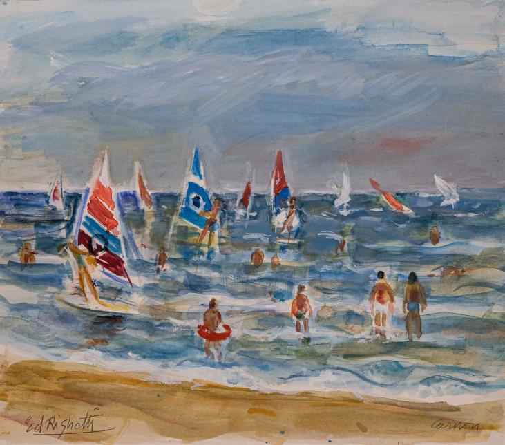 Edouard RIGHETTI  - Original painting - Watercolour Gouache - Beach in Carnon Beach 1