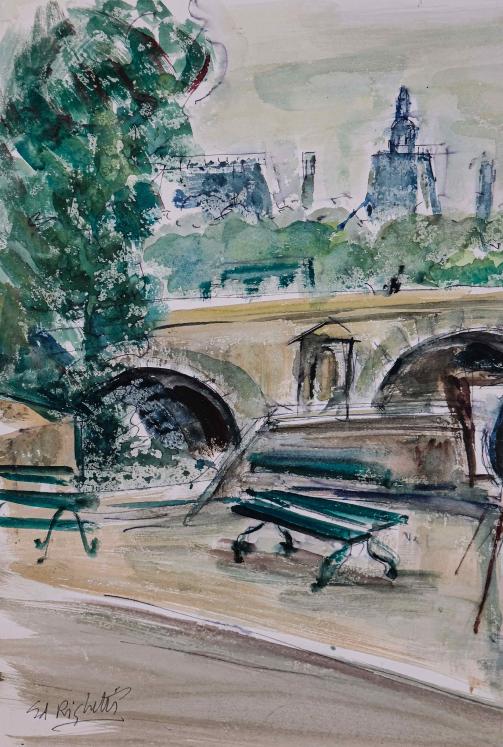 Edouard RIGHETTI  - Original painting - Watercolour - The benches