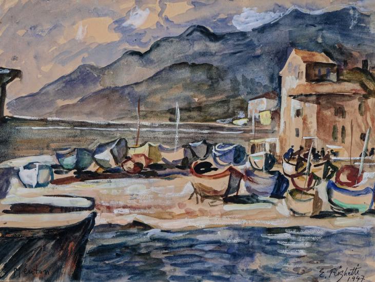 Edouard RIGHETTI  - Original painting - Watercolour and Gouache - Boats in Menton