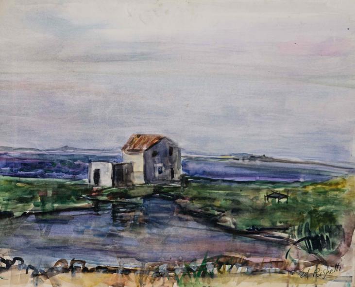 Edouard RIGHETTI  - Original painting - Watercolour - House at the Water's Edge in Hérault