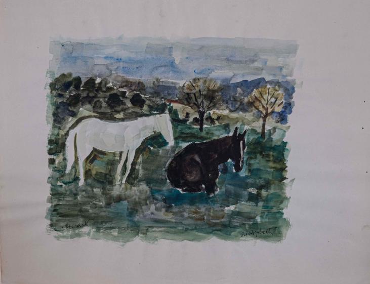 Edouard RIGHETTI  - Original painting - Watercolour -  Horses in Herault