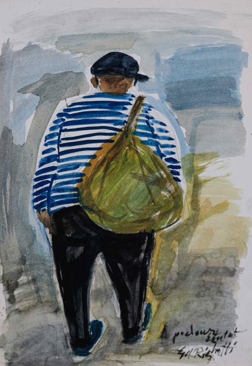 Edouard RIGHETTI  - Original painting - Watercolor - Fisherman Étretat