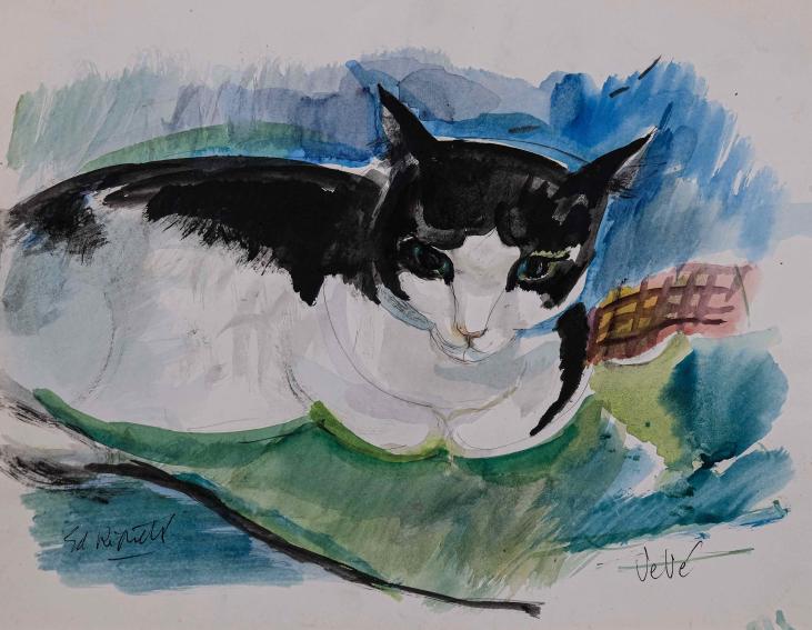 Edouard RIGHETTI  - Original painting - Watercolor - The little cat