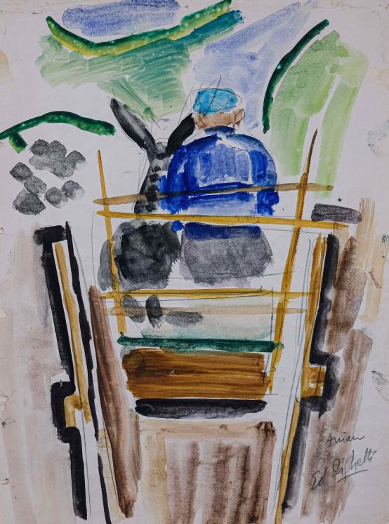 Edouard RIGHETTI  - Original painting - Watercolor - Aniane, farmers in the 70s