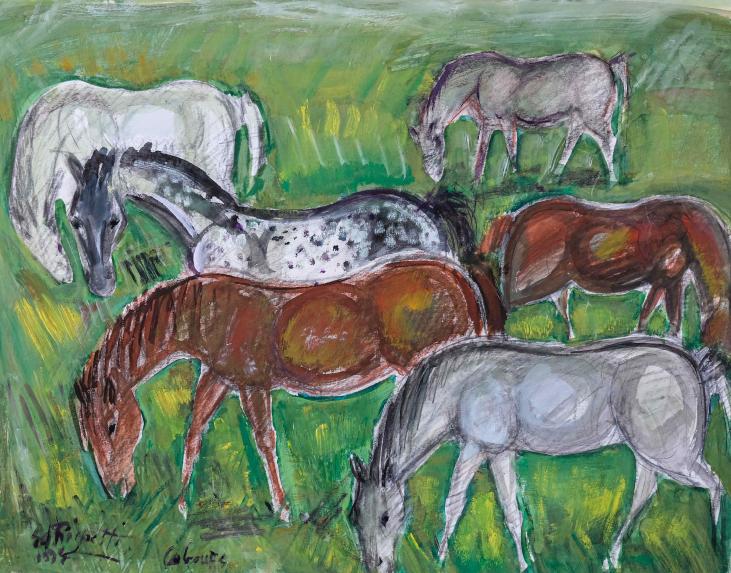Edouard RIGHETTI  - Original painting - Gouache - Horses in Cabourg